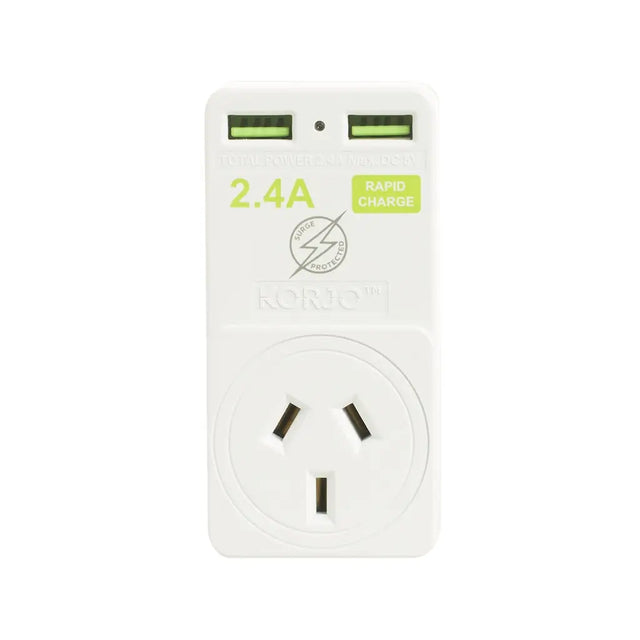 White travel adapter with USB ports and socket on a white background