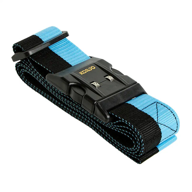 Blue and black belt with a black buckle on a white background