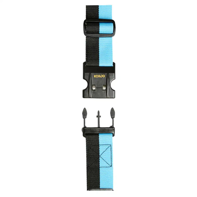 Black and blue strap with a clip on a white background