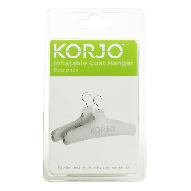KORJO inflatable coat hangers in packaging with green label