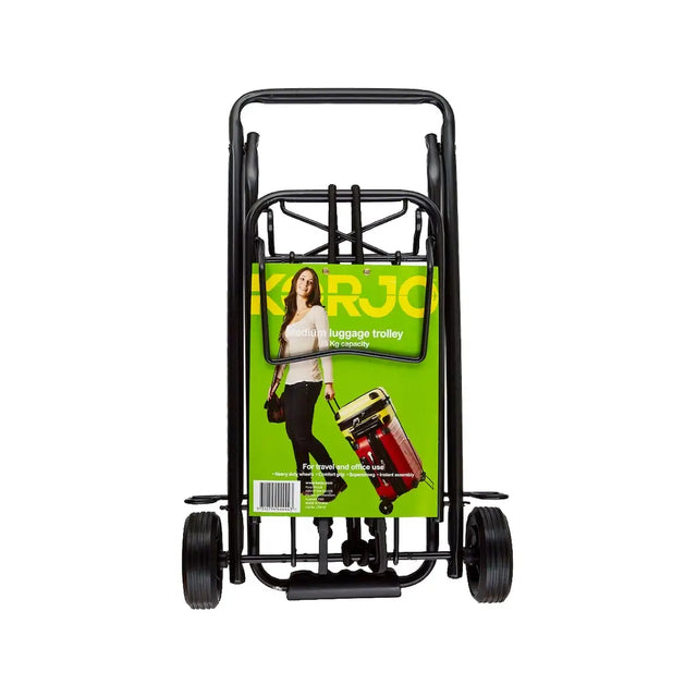 Black luggage trolley with a promotional poster on a white background
