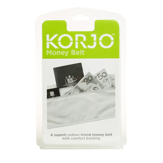 Korjo money belt packaging with currency and passport illustration on a white background