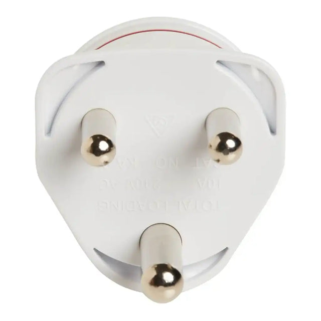 White electrical plug with three pins on a white background
