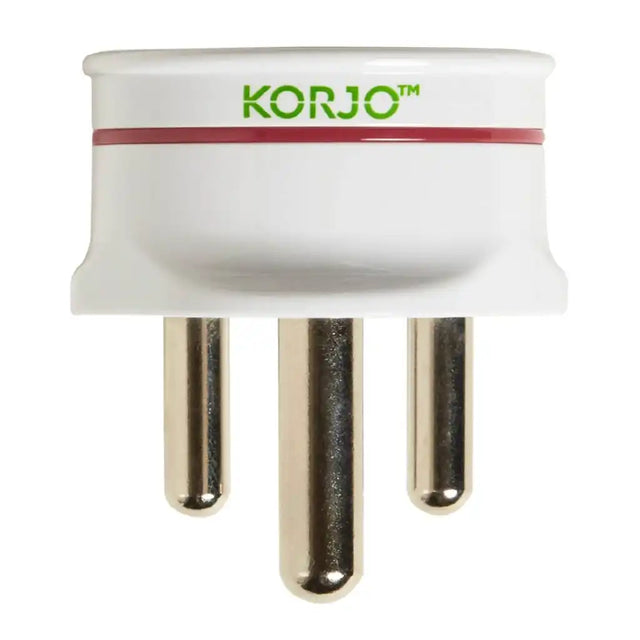 White adapter with gold and silver prongs and 'Korjo' branding on a white background