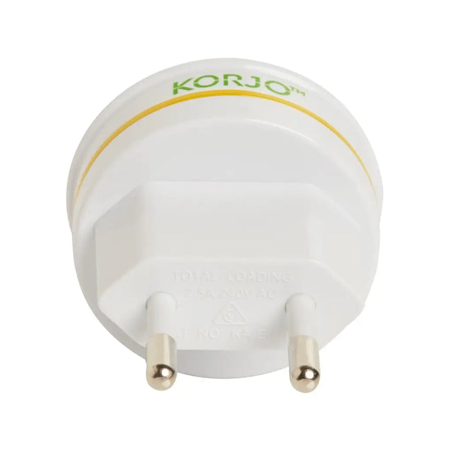 White travel adapter with 'Korjo' branding on a white background