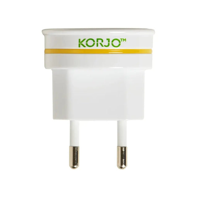 White travel adapter with 'Korjo' branding on a white background