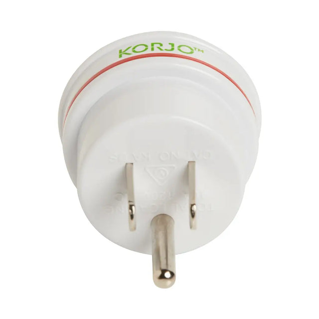 White travel adapter with 'Korjo' branding on a white background