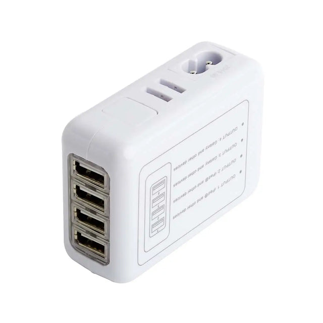 White power adapter with multiple USB ports on a white background