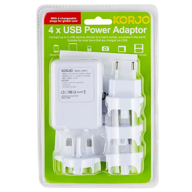 Korjo USB power adapter packaging with green background