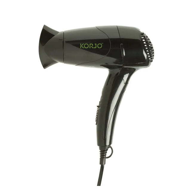 Black hair dryer with 'Korjo' branding on a white background