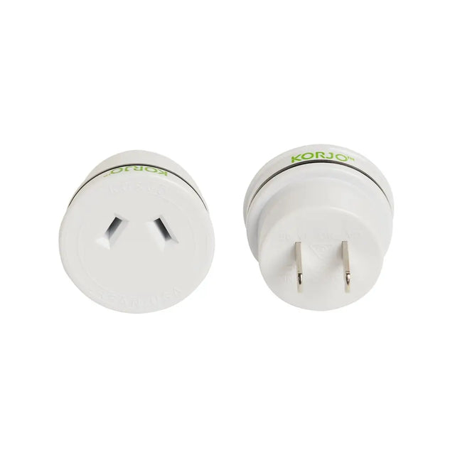 Two white plugs with 'Korjo' branding on a white background