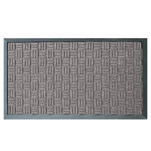 Gray doormat with a textured pattern on a white background