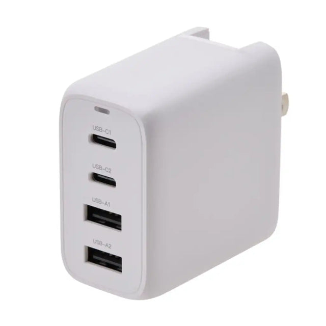 Korjo USB-A & USB-C 4 Port Power Hub front view showing 2x USB-C and 2x USB-A ports with UK plug attached