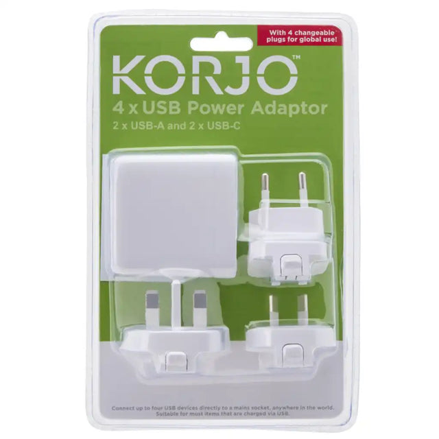 Korjo 4x USB Power Adaptor retail packaging showing 2x USB-A and 2x USB-C ports with 4 interchangeable plugs