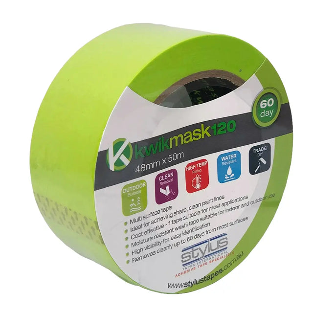 Green roll of Kwikmask 120 tape with branding and product details on a white background