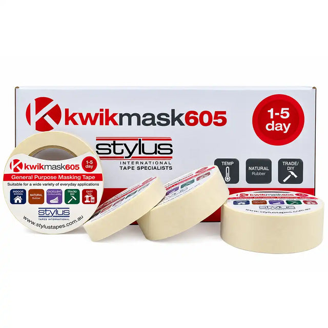 Kwikmask 605 general purpose masking tape rolls with Stylus branded display box