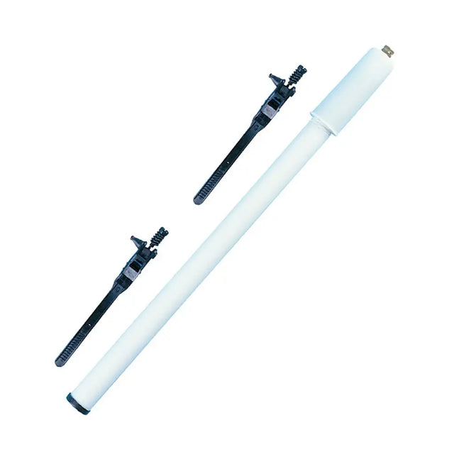 Two white telescopic rods with black connectors on a white background