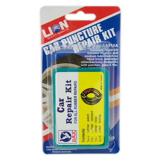 Car puncture repair kit packaging with Lion Quality Products branding on a white background
