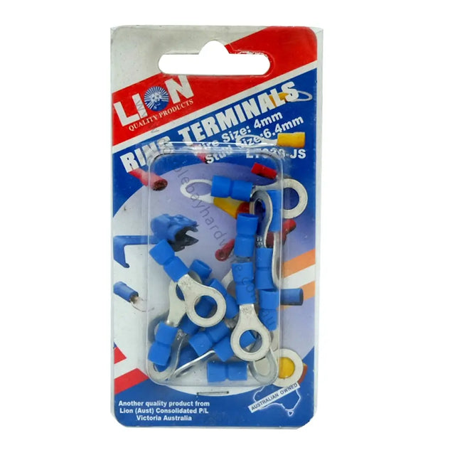 Packaged Lion ring terminals with blue and white connectors on a white background
