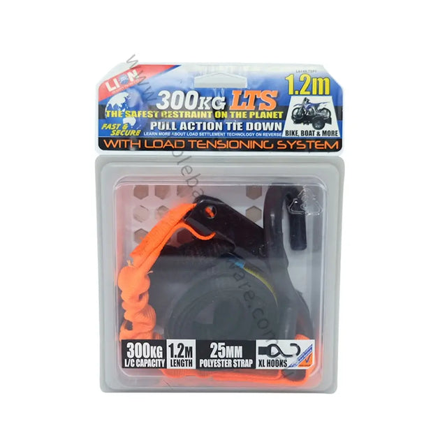 Packaged pull action tie down with load tensioning system on a white background