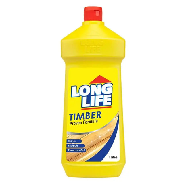 Yellow bottle of Long Life Timber treatment with a red cap on a white background