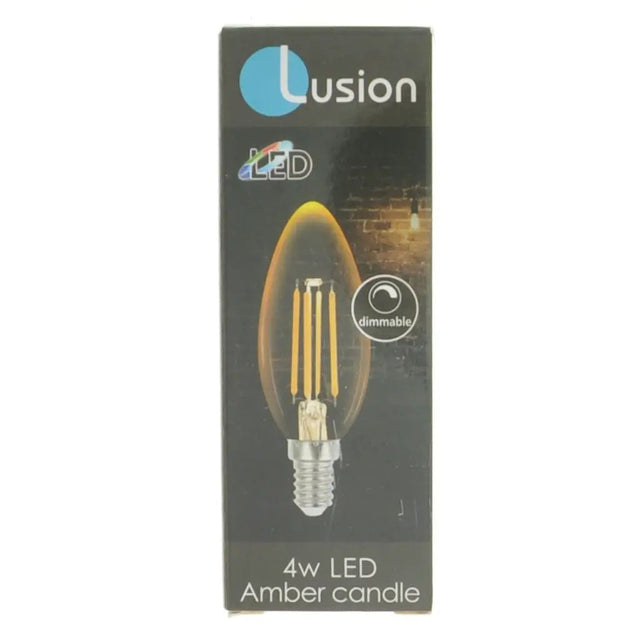 Lusion LED bulb packaging with a dimmable feature on a white background