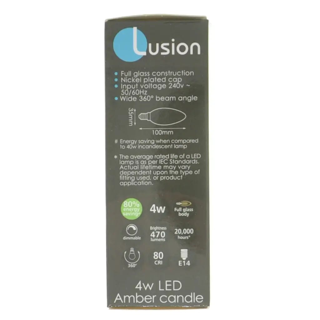 Lusion 4w LED Amber candle packaging on a white background