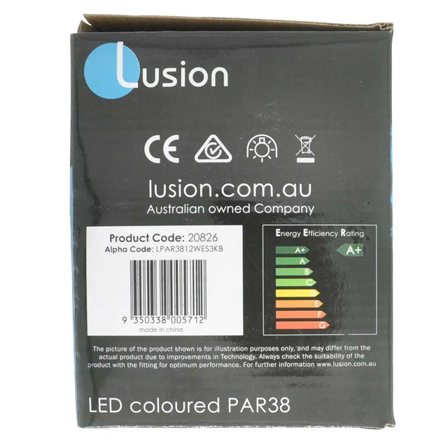 Lusion LED colored PAR38 packaging with branding and product details.