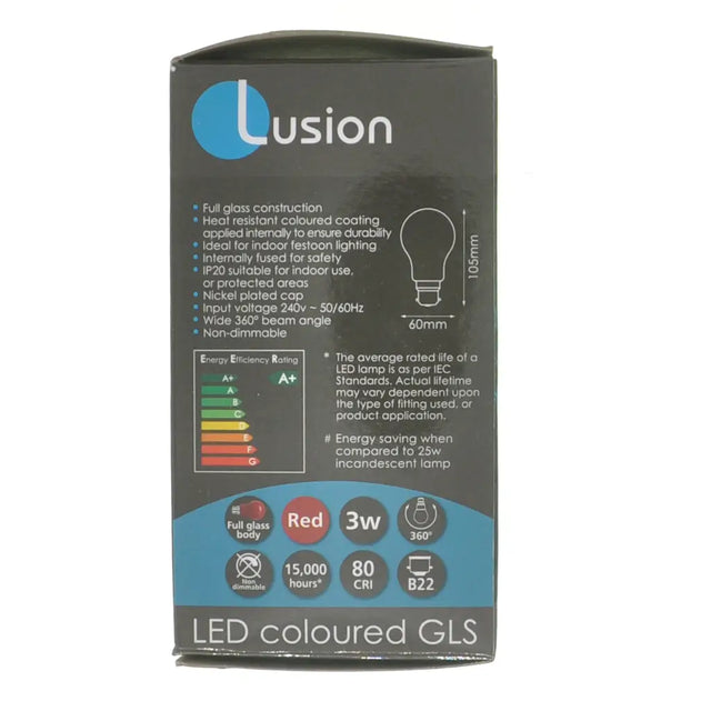 Lusion LED colored GLS bulb packaging on a white background