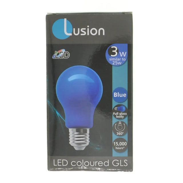 Lusion blue LED bulb packaging on a white background