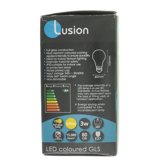 Lusion LED colored GLS light bulb packaging on a white background