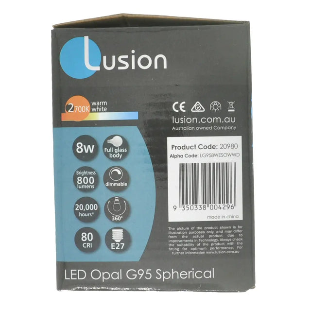 Lusion LED Opal G95 Spherical packaging with product details on a white background