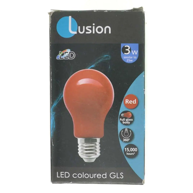Lusion LED colored GLS bulb packaging with red bulb illustration on a black background