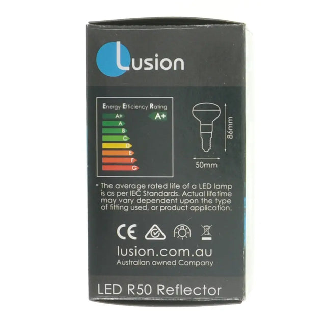 Lusion LED R50 Reflector packaging with energy efficiency rating and product details.