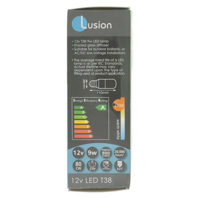 Lusion LED lamp packaging with specifications on a white background