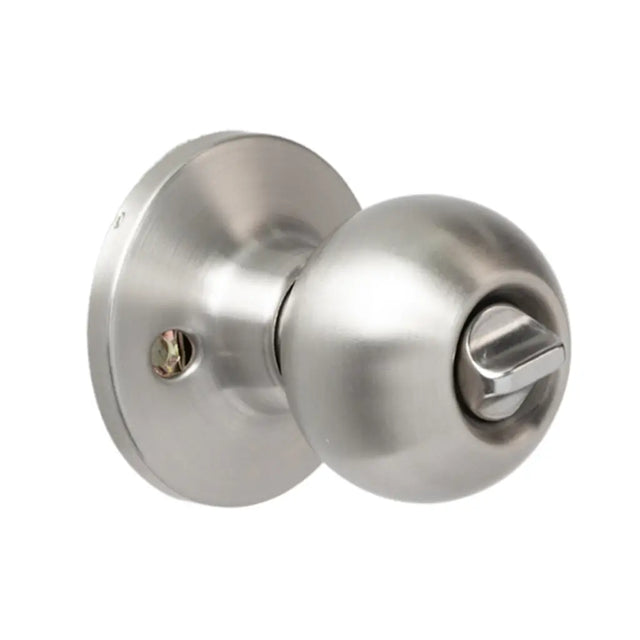 Stainless steel door handle on a white background