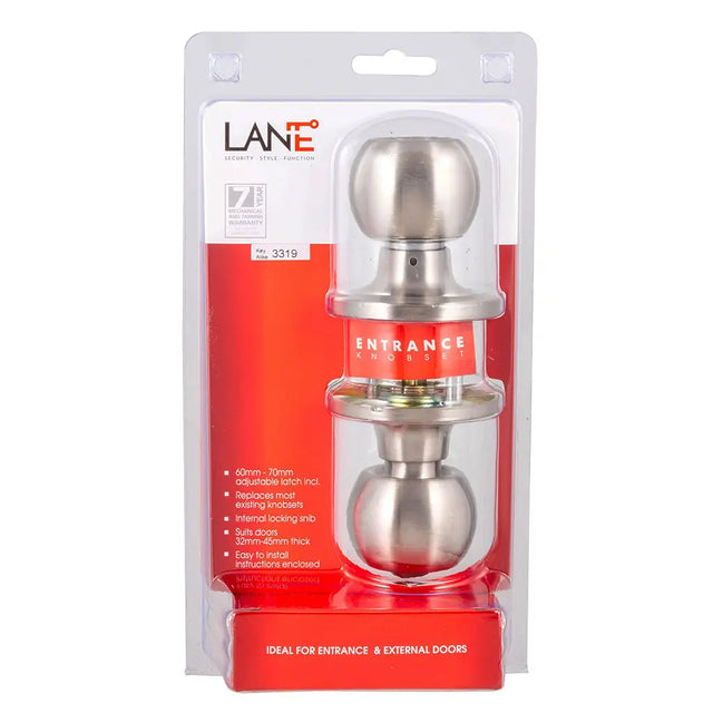 Metal door handle in packaging with LANE brand on a white background