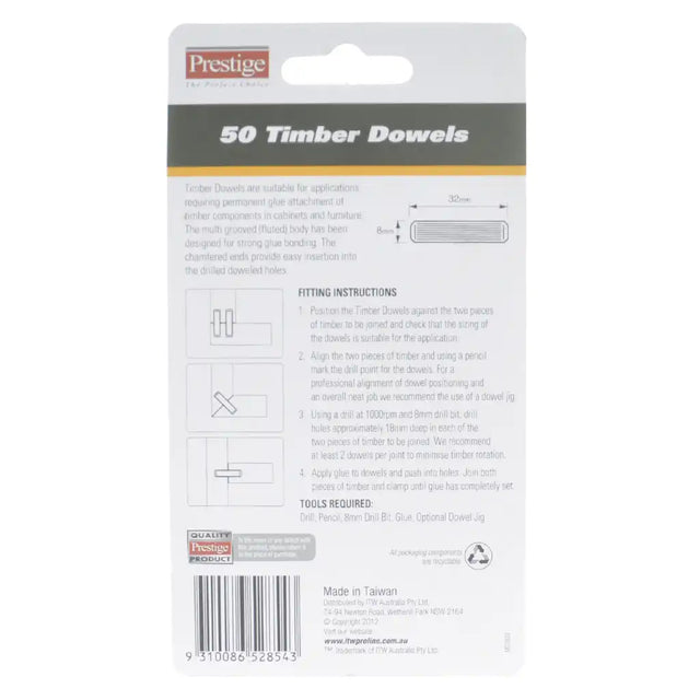 Packaging of 50 Timber Dowels with branding and specifications on a white background
