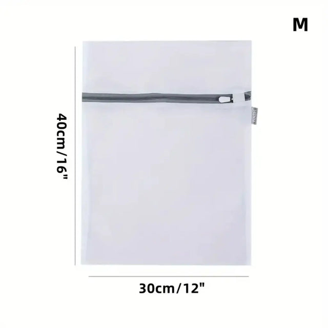 White mesh laundry bag with dimensions labeled on a white background