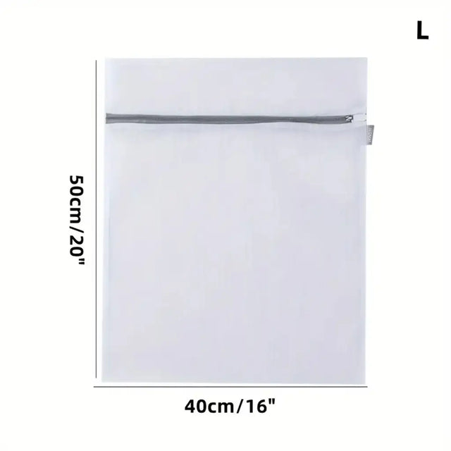 White mesh laundry bag with dimensions on a white background