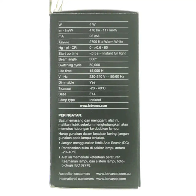 Ledvance Fancy Round E14 4W LED bulb glowing with warm white 2700K light showing soft diffused pearl finish illumination