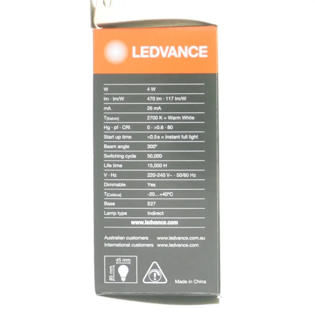 LEDVANCE product packaging with specifications on a white background