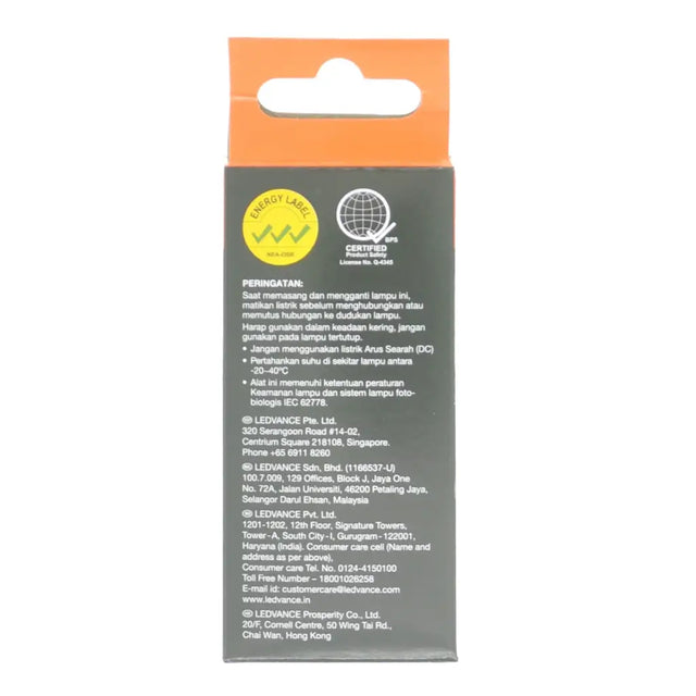Back of a packaging with text and certification logos on a white background
