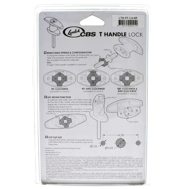Lendal CBS T Handle Lock packaging with detailed diagrams and text on a white background