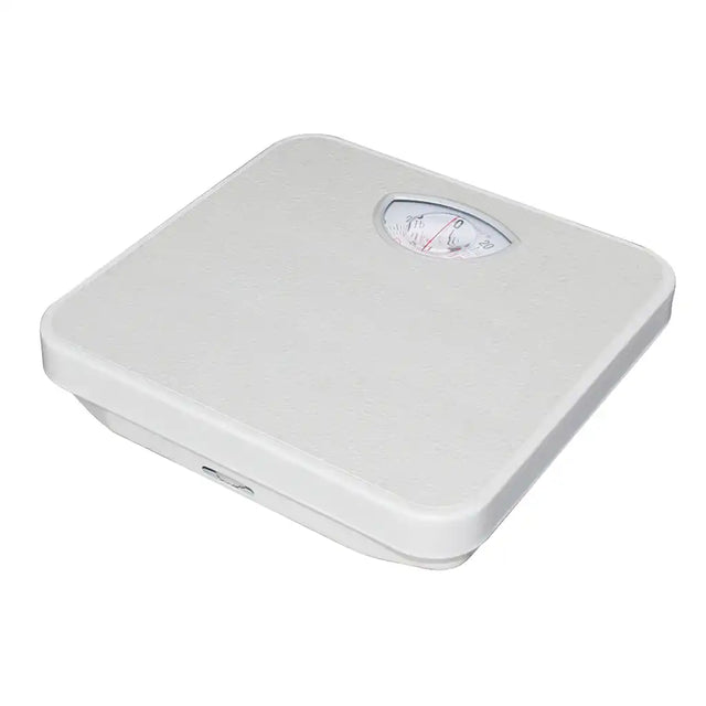 Lindoni white analogue bathroom scale on a white background