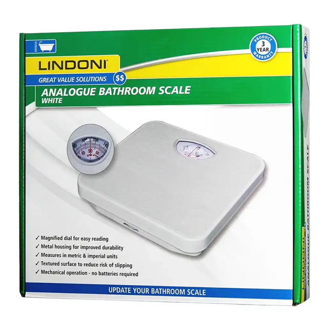 Lindoni Analogue Bathroom Scale White retail packaging box, featuring a green and yellow header with a photo of the white rectangular bathroom scale on a white background.