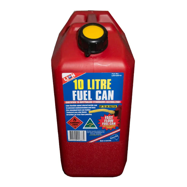 Red 10 litre fuel can with a yellow cap on a white background