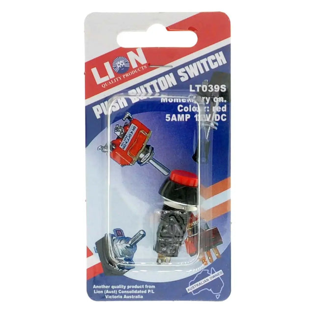 Push button switch in packaging with Lion branding