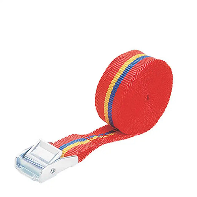 Red strap with a metal buckle on a white background