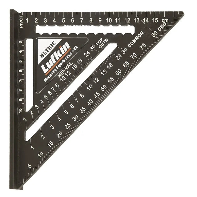 Black Lufkin speed square ruler with measurement markings on a white background